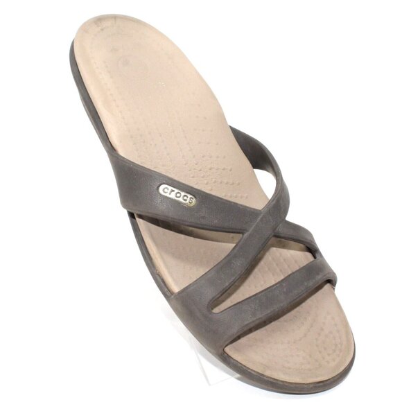 CROCS Shoes - Crocs Women's 9M Dark Brown Beige Slip On Criss Cross Strap Wedge Rhonda Sandals